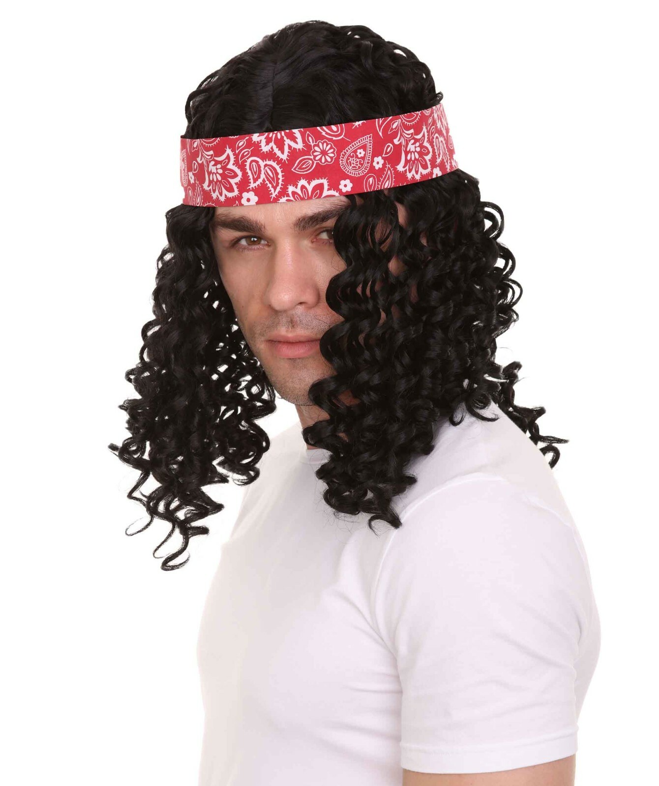 Men Cosplay Party Rock Star Black Wavy Curly Wig Headband Bandana Costume HM-036