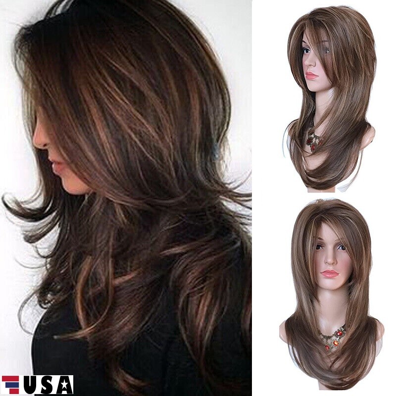 Dark Brown w/Gold Highlight Ombre Shoulder Length Wig Women Synthetic Curly Hair