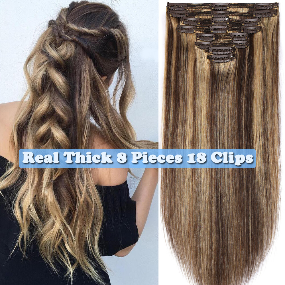 110G-170G Thick Dense Clip In Remy Human Hair Extensions Full Head DIY Highlight