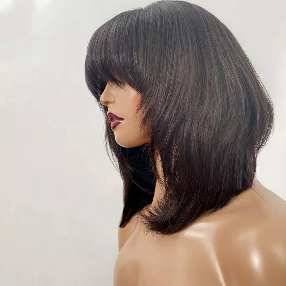 200 Density Short Full Wigs Black Brazilian Remy Layered Bob Human Hair Glueless
