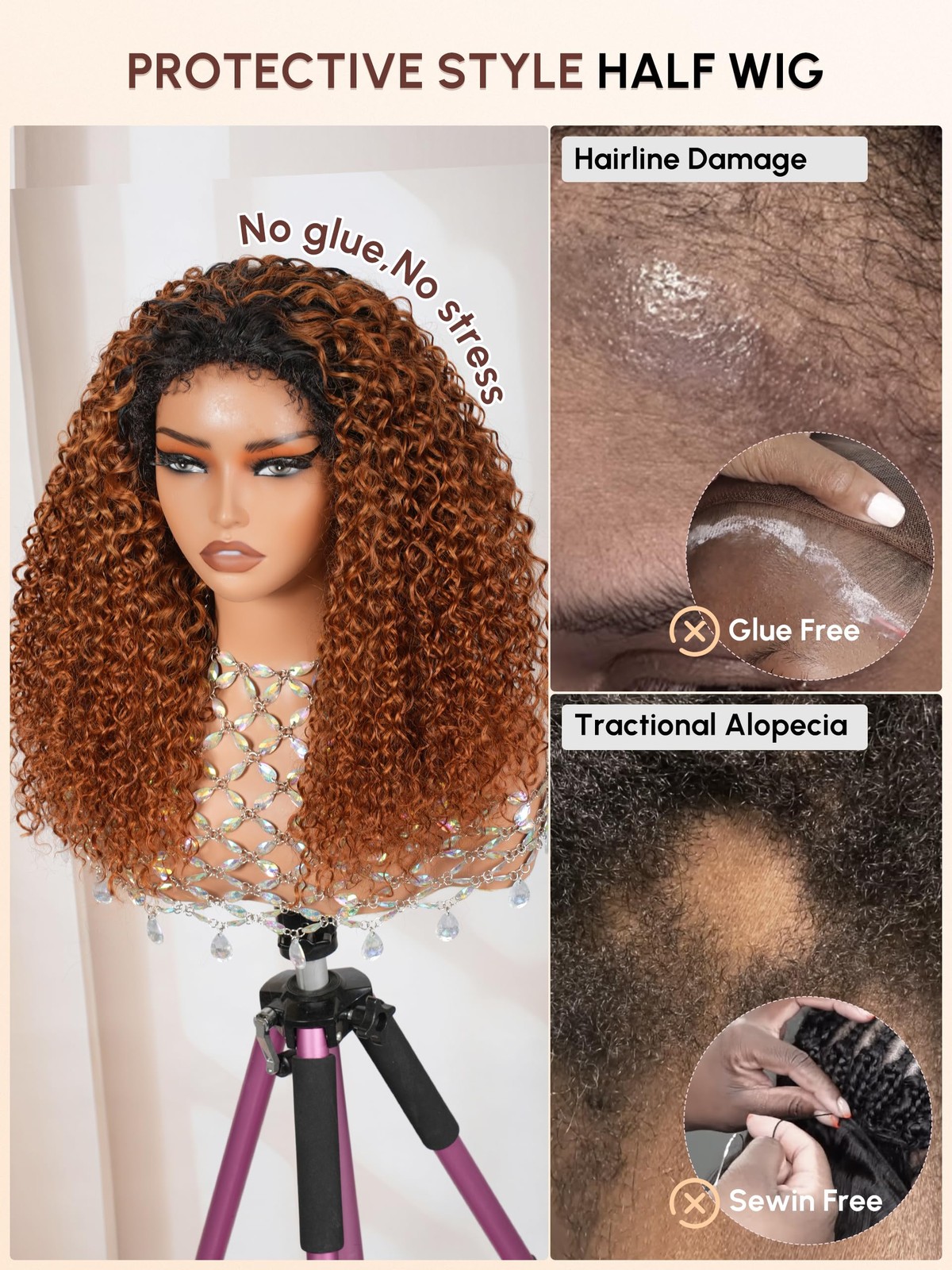 Shangyinfa T1B/30 Water Wave Half Wig Human Hair Ombre Drawstring Invisi Cap 4C