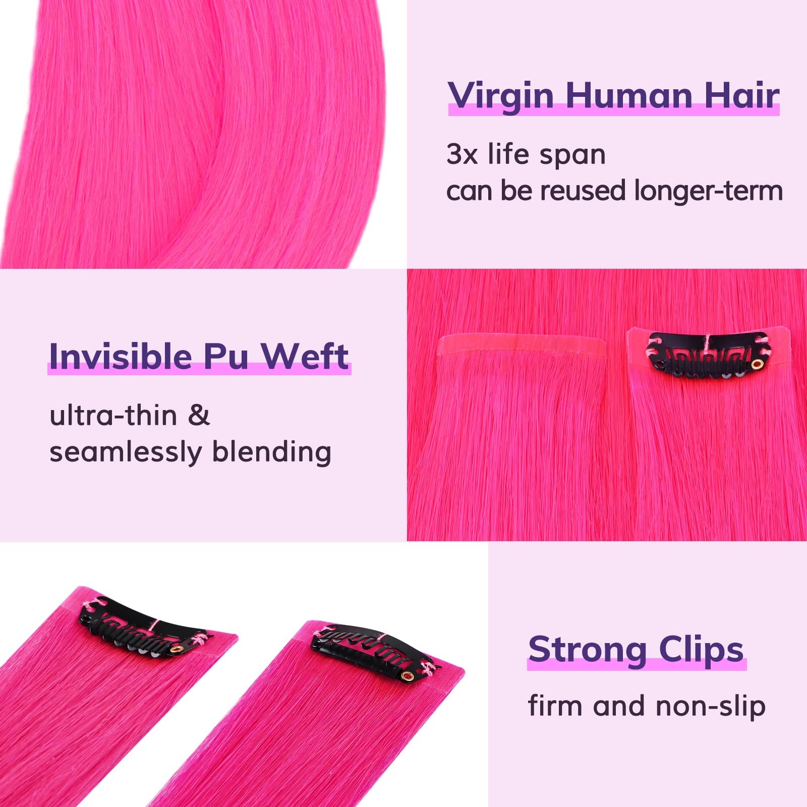 IDN BEAUTY Human Hair Clip-In Extensions 24 Inch 40g 6pc Hot Pink Seamless