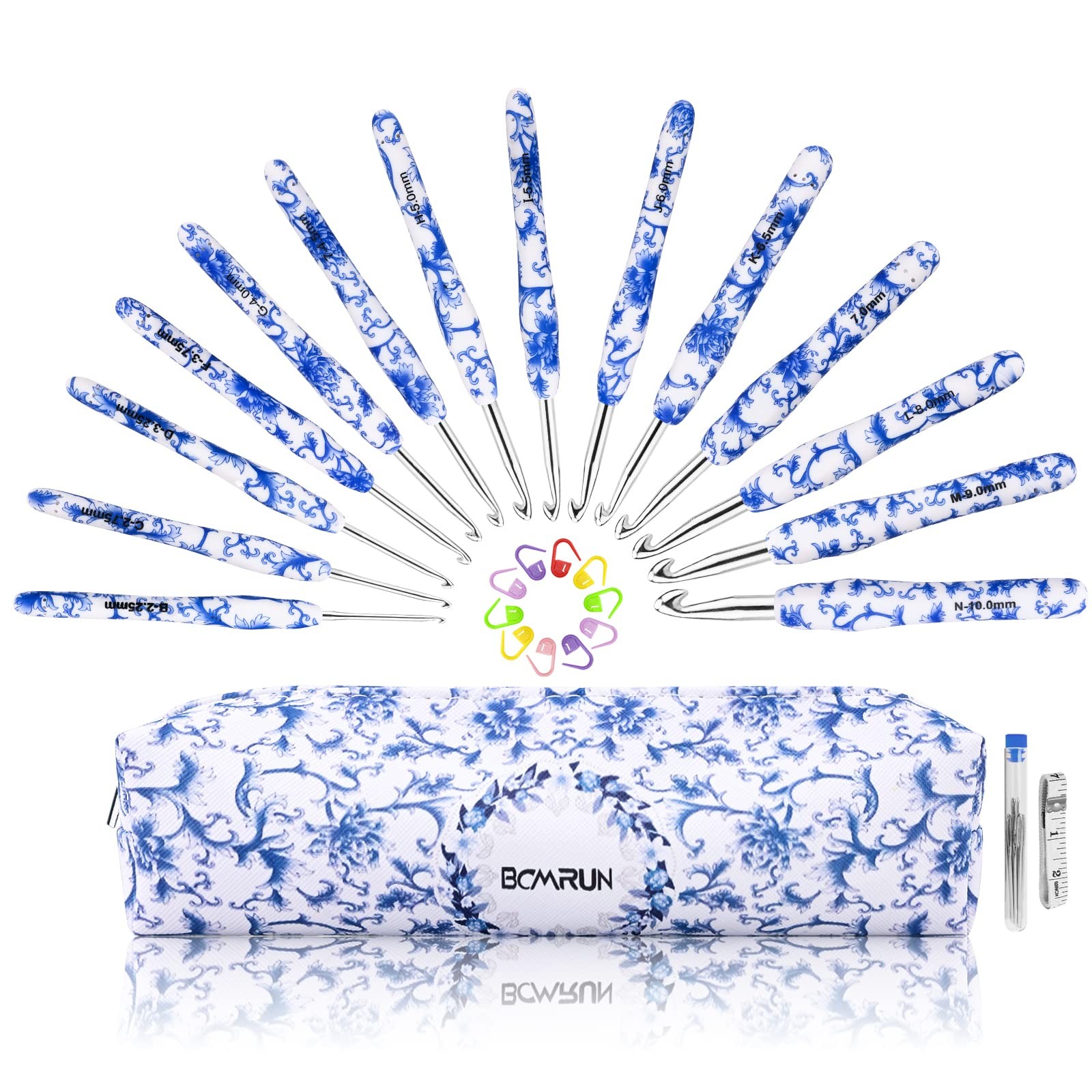 BCMRUN Crochet Hooks Set with Case 14 Size Blue and B(2.25Mm)-N(10Mm), Azure