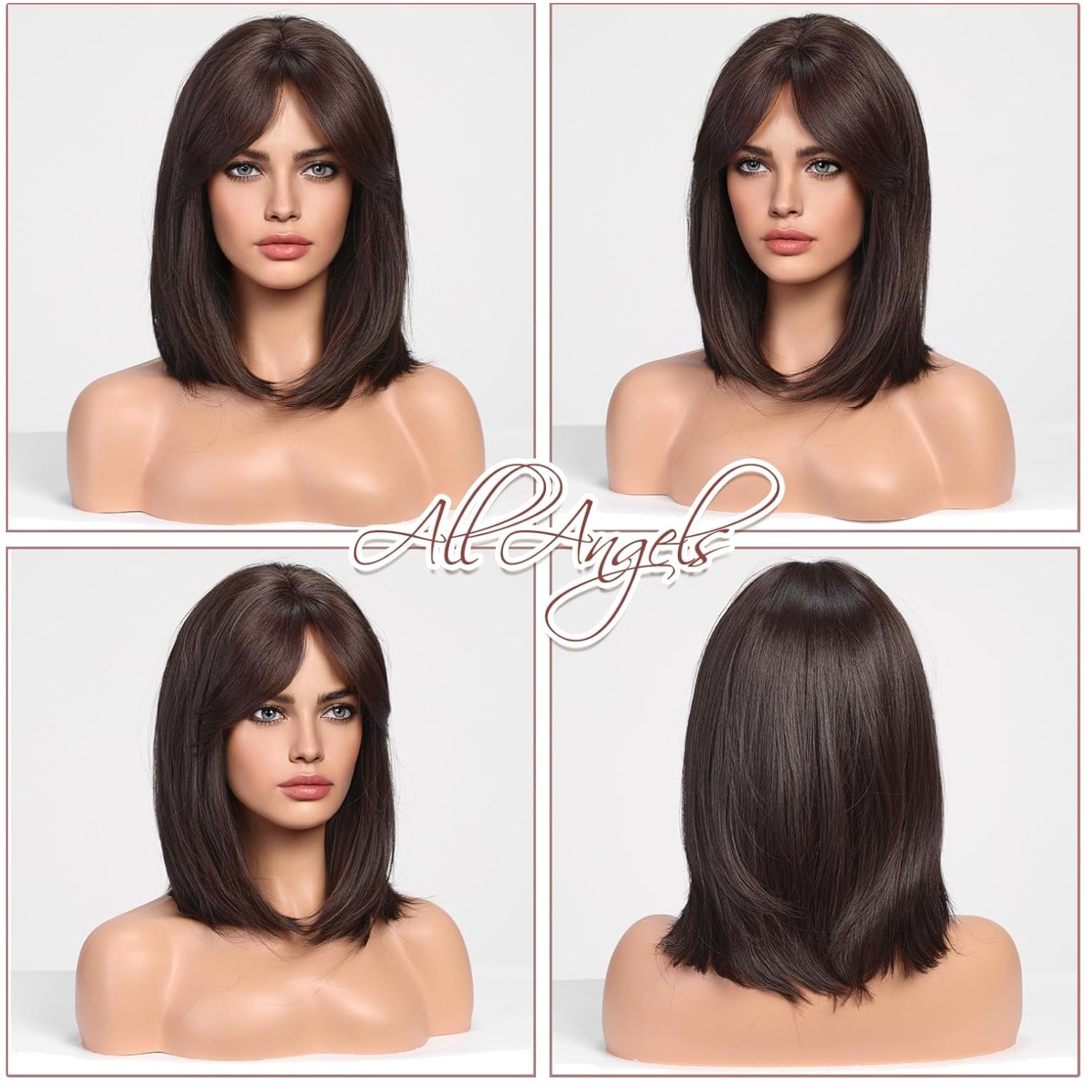 Natural Brunette Wig with Curtain Bangs and Strap Attachment