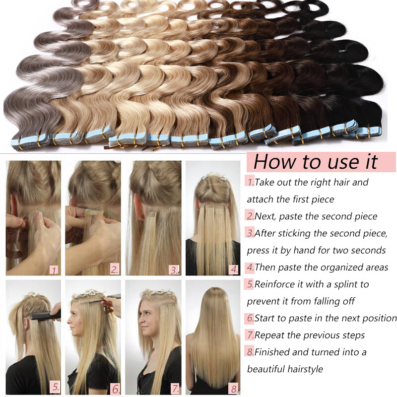 Skin Weft Remy Real Human Hair Extensions Tape In Full Head 200g WAVY Balayage