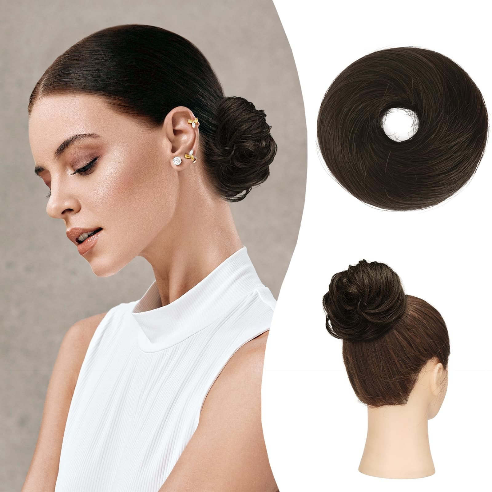 RUWISS Human Hair Bun Piece Long Thin Straight 20g, Dark Brown (20g)