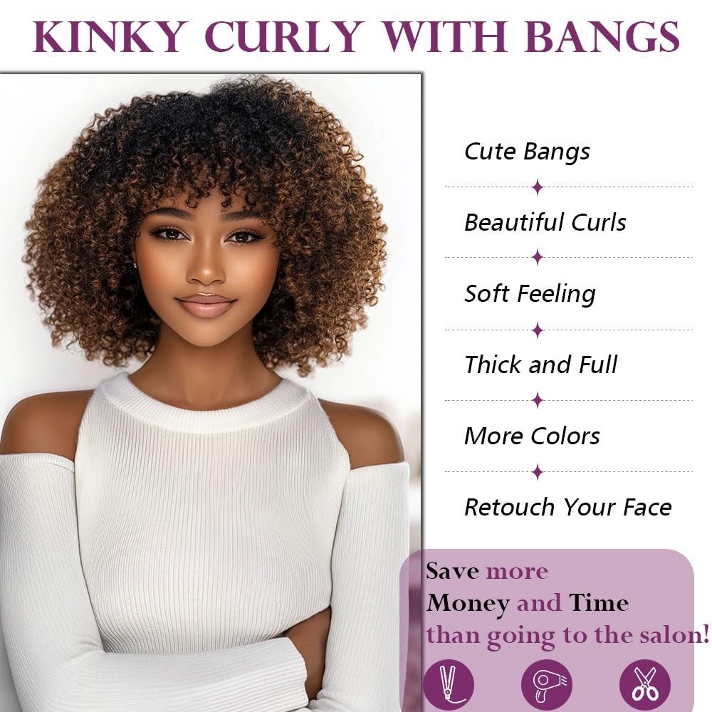 Glueless Bob Human Hair Wig Short Curly Wig with Bangs Highlight TT1B30 BrownWig