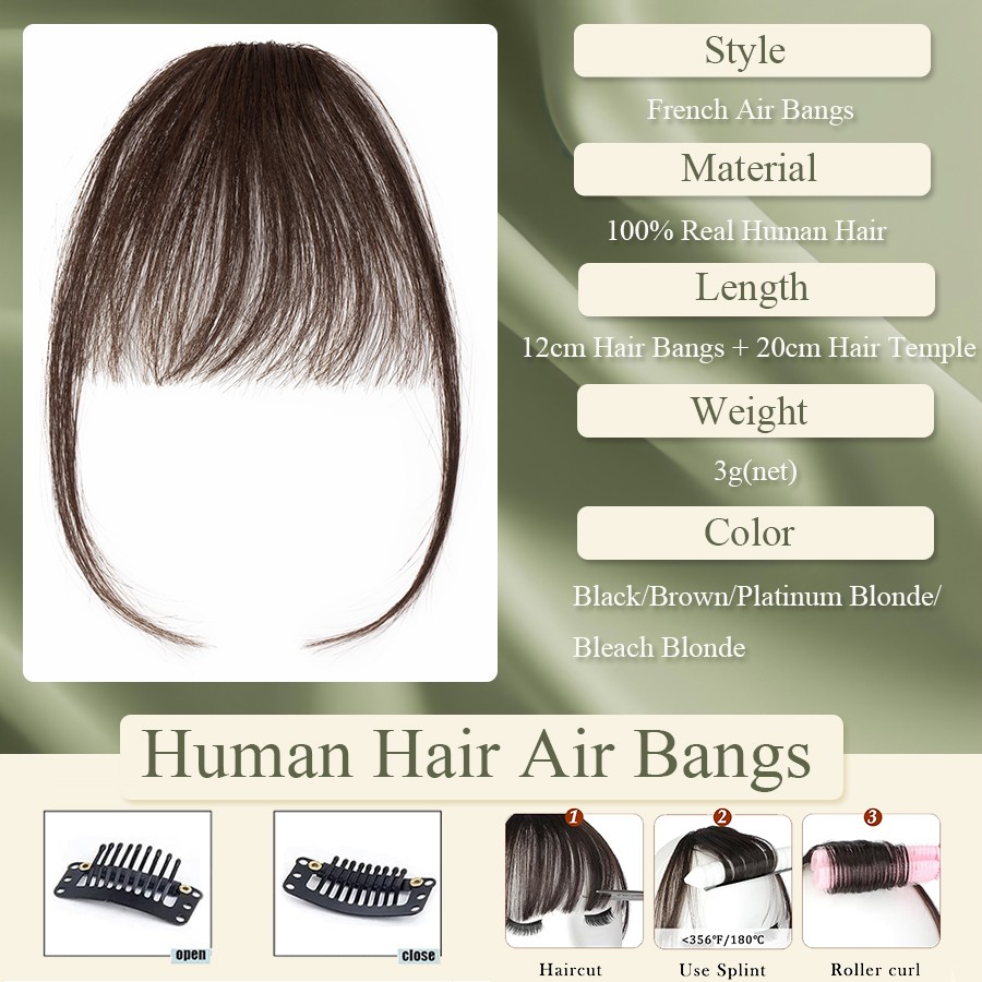 US Remy Human Hair False Air Bangs Neat Fringe Hairpiece Clip in Front Hairpiece