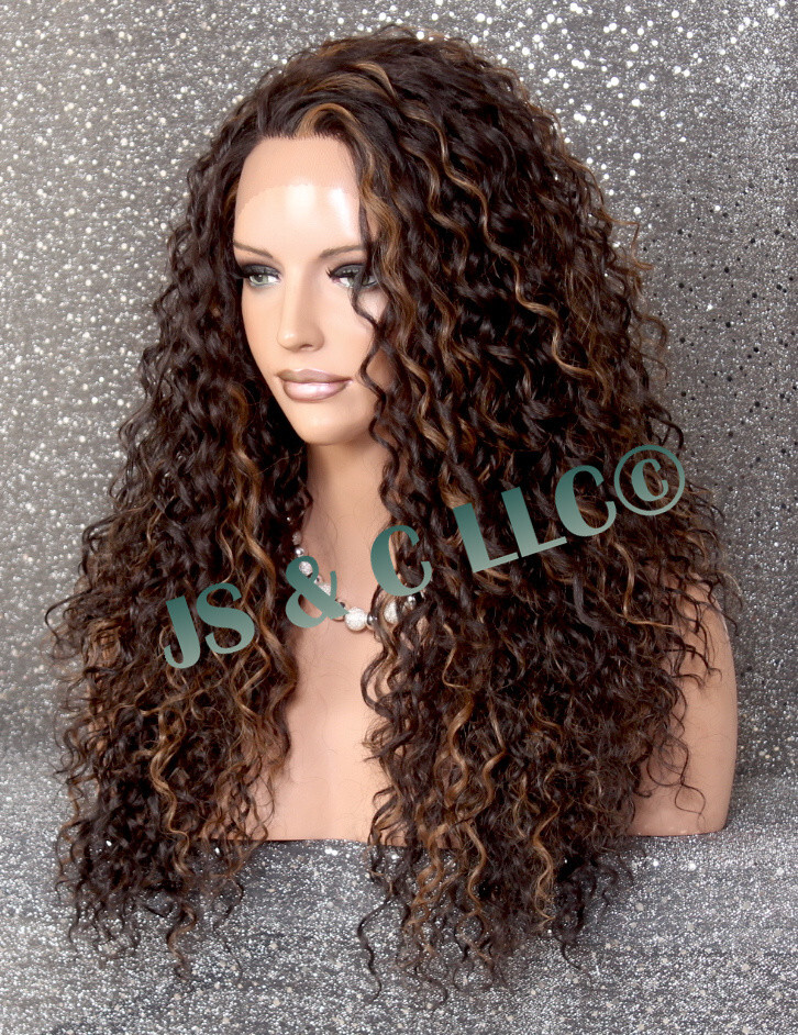 Human Hair blend Heat OK Wavy Curly Lace Front Wig Long Brown mixed DLY 4-27