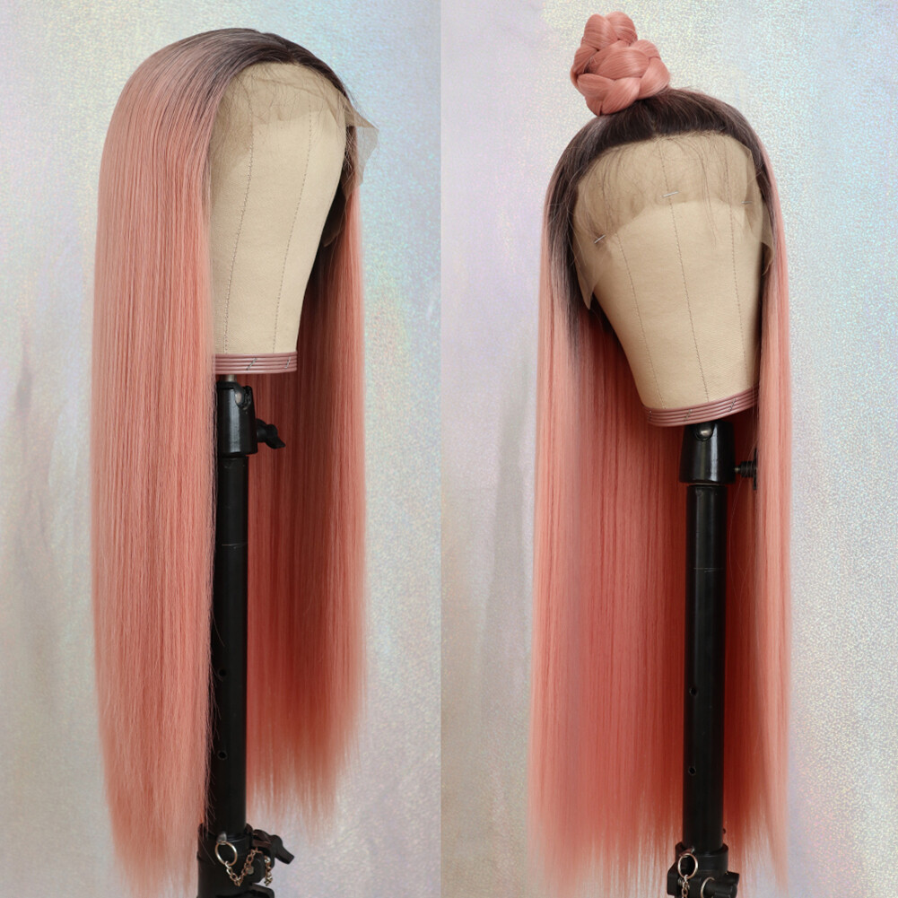 Ombre Pink Women’s Synthetic Hair Lace Frontal Wig Long Straight Natural Wigs