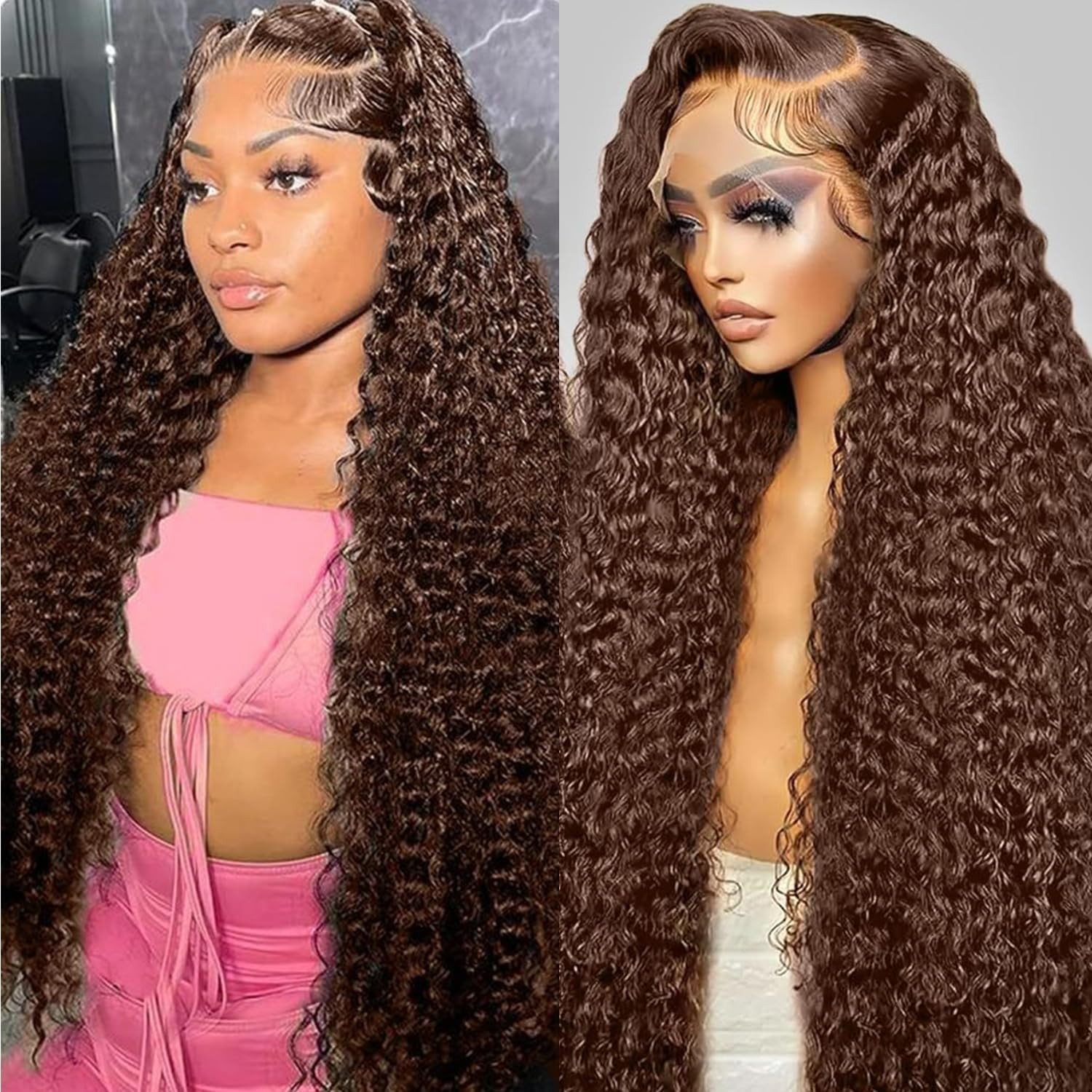 Poysew 30 Inch Chocolate Brown Deep Wave Lace Front Wigs Human Hair 200 Density
