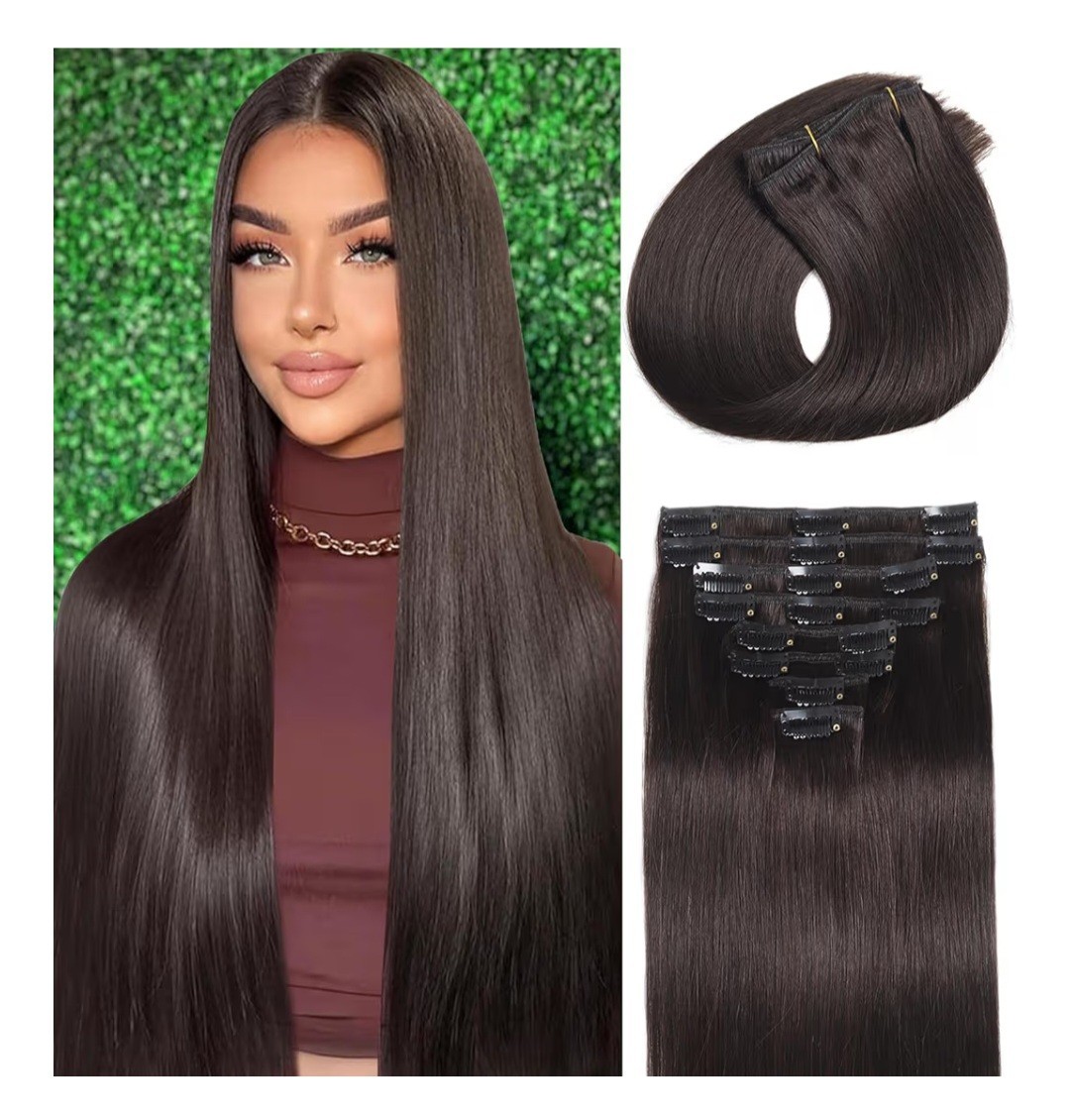 Clip-In Human Hair Extensions, Dark Brown, Straight, 8in, Tangle-Free, 7pcs