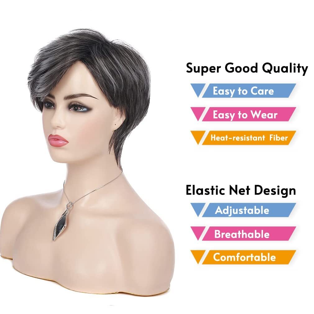 Womens Short Grey Wig Layered Synthetic Heat Resistant Pixie Hair Wig Daily US