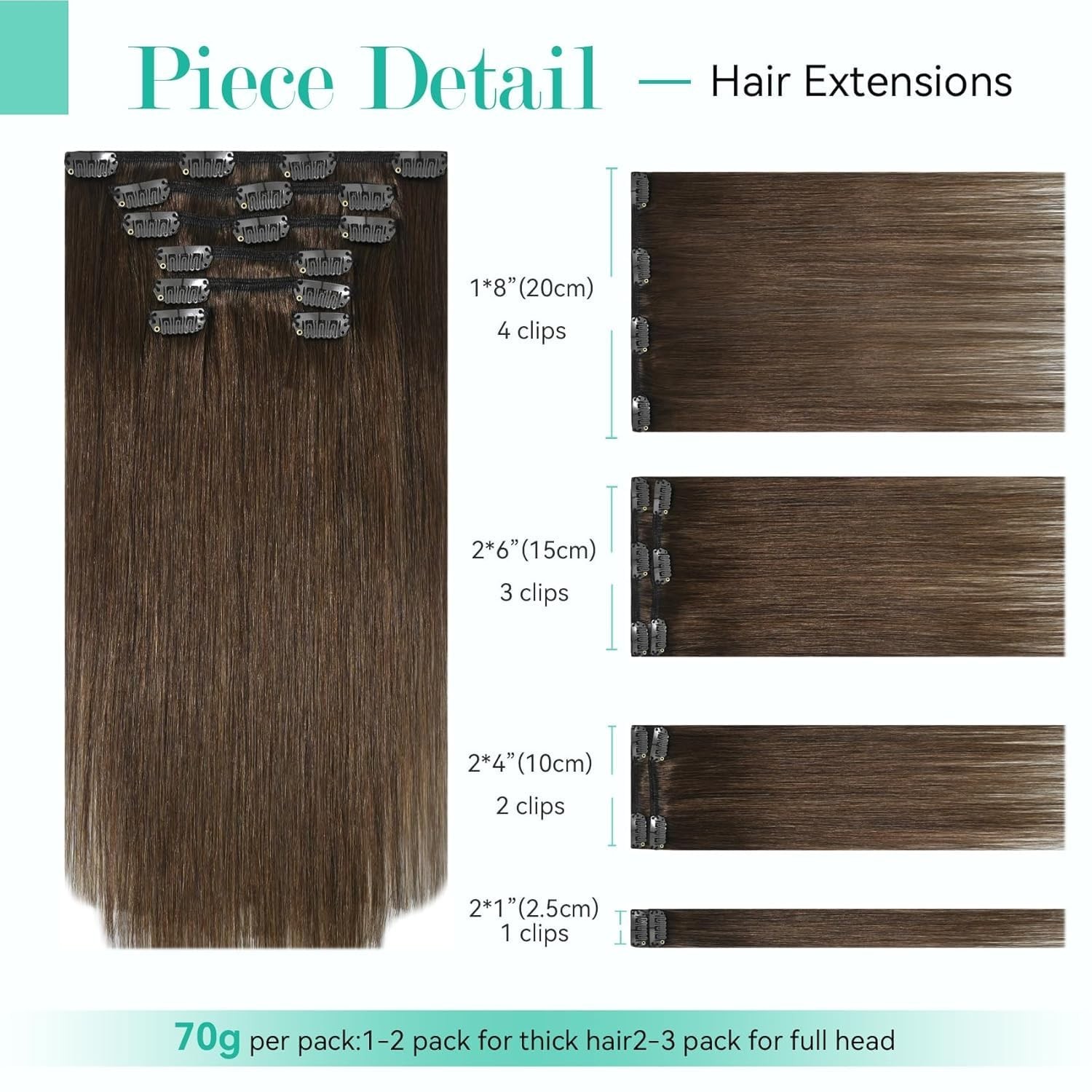 22″ Medium Brown Clip-in Hair Extensions, 115g Real Human Hair, Soft Straight Re