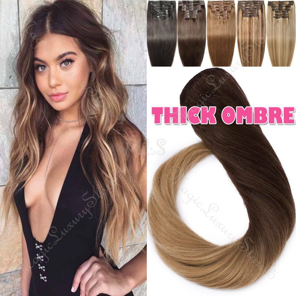 Clip In Double Weft Full Head 170G+ REAL Human Hair Extensions Remy Thick OMBRE