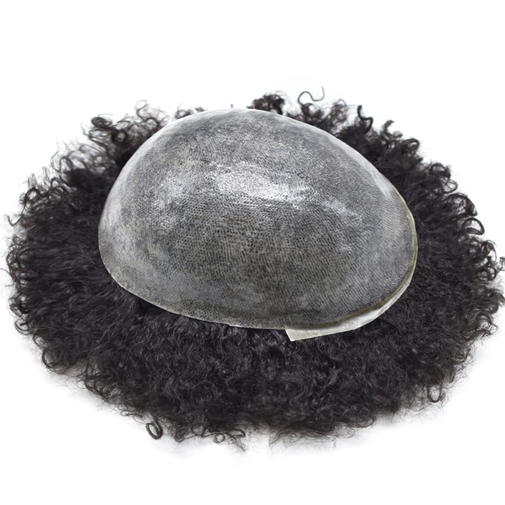 Hair Units for Black Men Thin Skin Afro Curly African American Toupee Hairpieces
