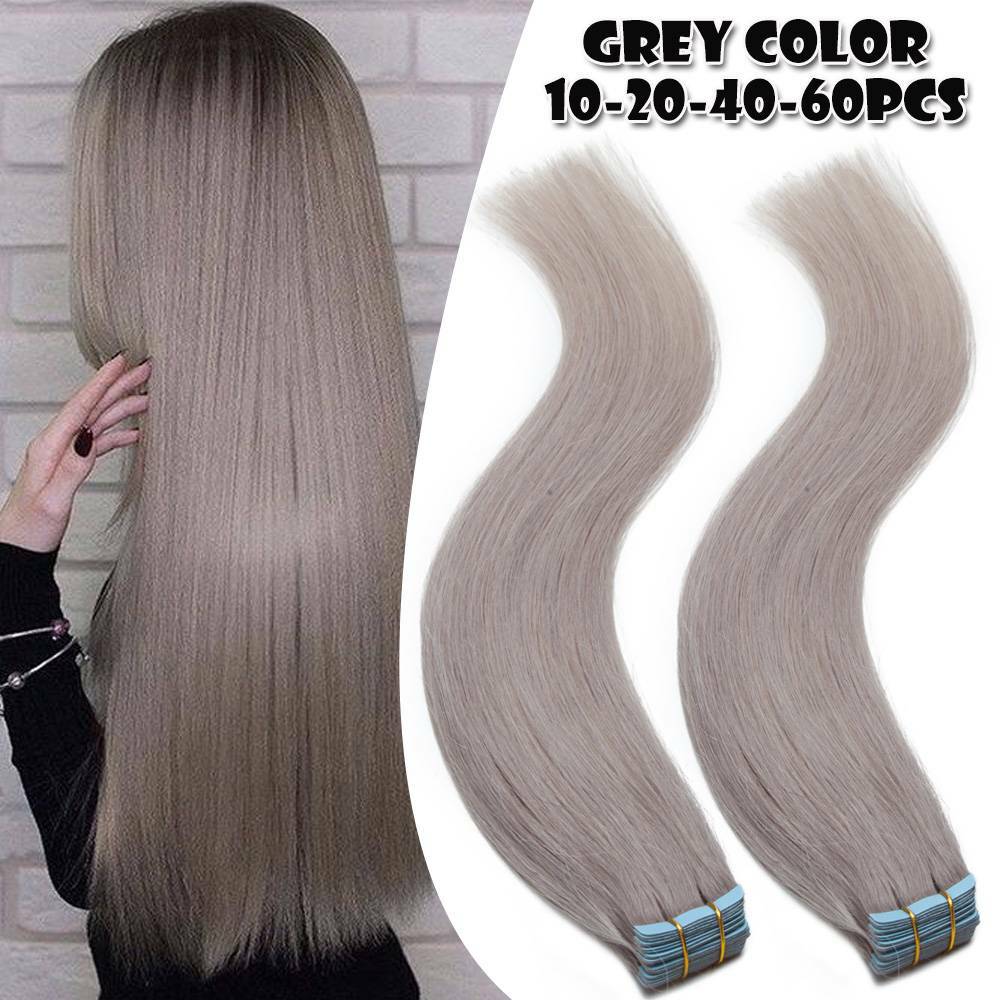 40PCS 100% Human Hair Extensions Tape in Skin Weft Thick Full Head Black Virgin
