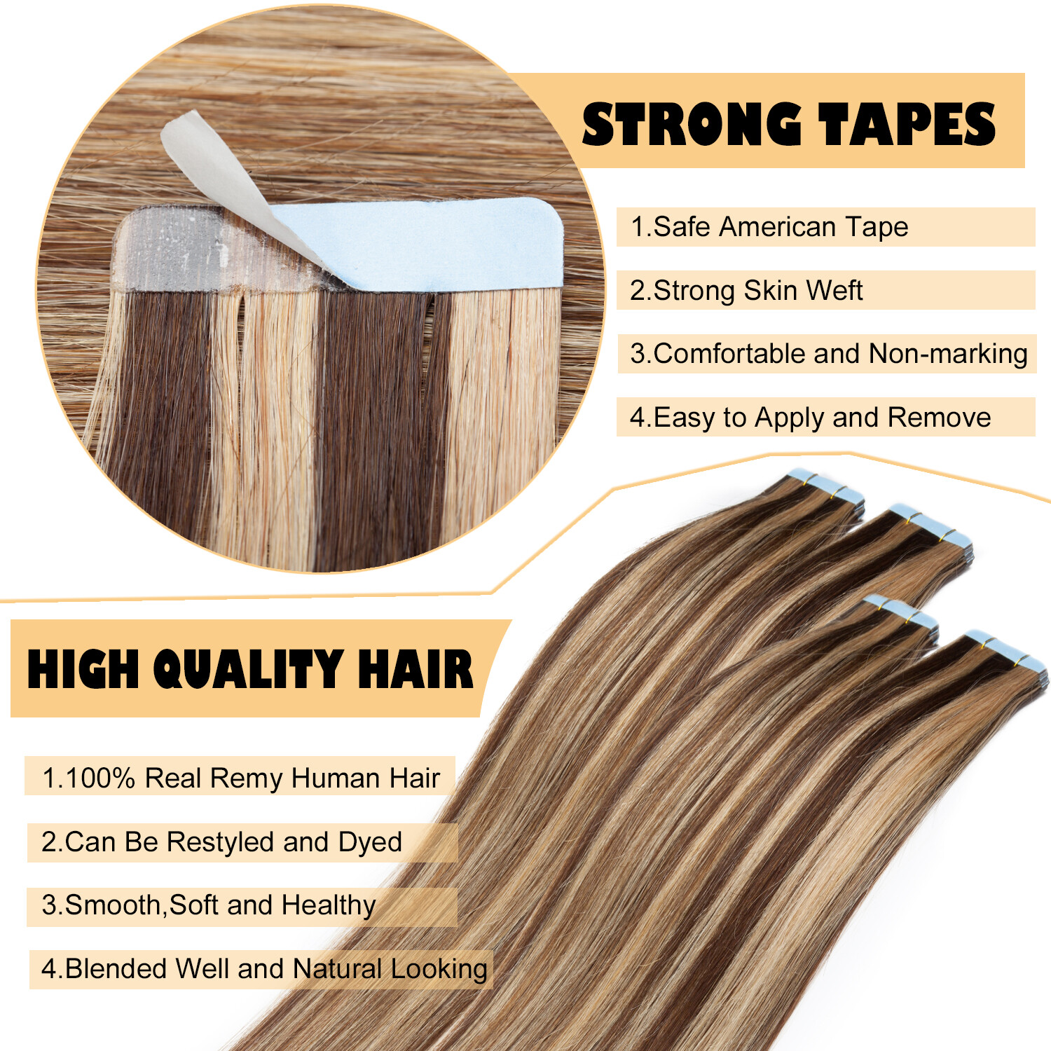 8A THICK Tape In GLUE Remy Human Hair Extensions Skin Weft 10-80PCS Ombre Blonde