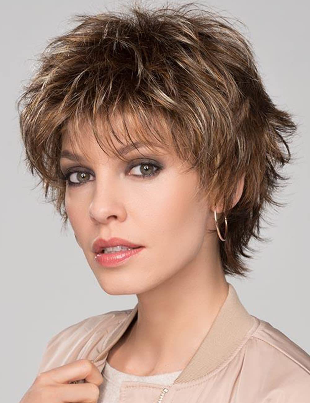 Brown Pixie Cut Wave Wigs with Bangs for Women Blonde Highlight Fashion Pixie