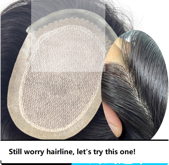 Handcrafted invisible Mens Toupee Hairpiece, front french lace, 0.1mm thin silk