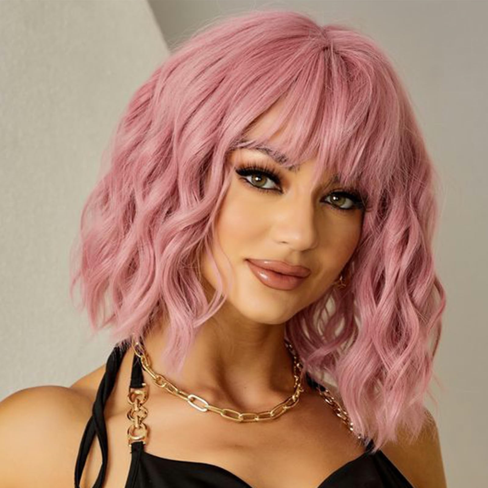 Pink Wavy Wig With Bangs, Wavy Wig for Women，Synthetic Natural Looking Heat R…