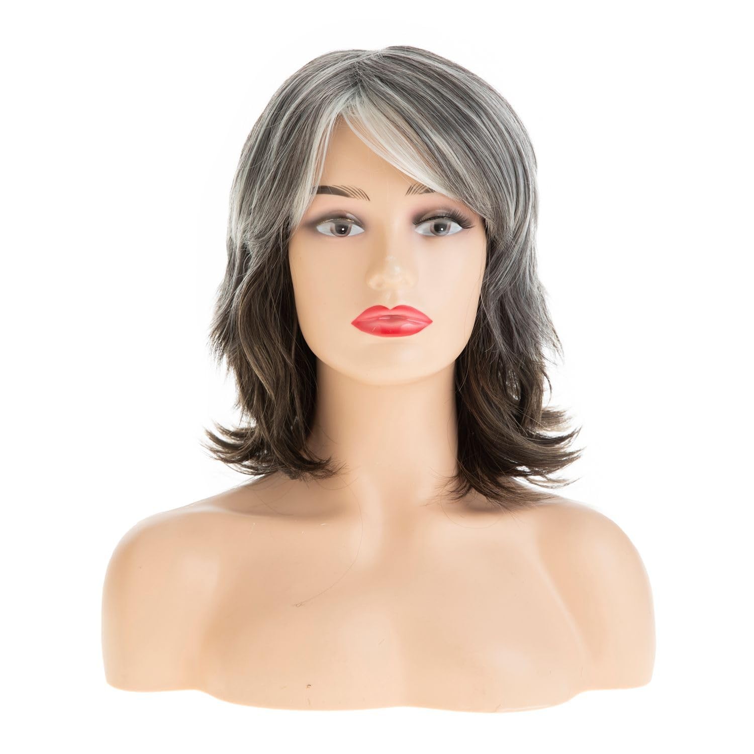 Silver Gray Layered Mid – Length Wig for Women Curly Fluffy Wig with Bangs Sy…