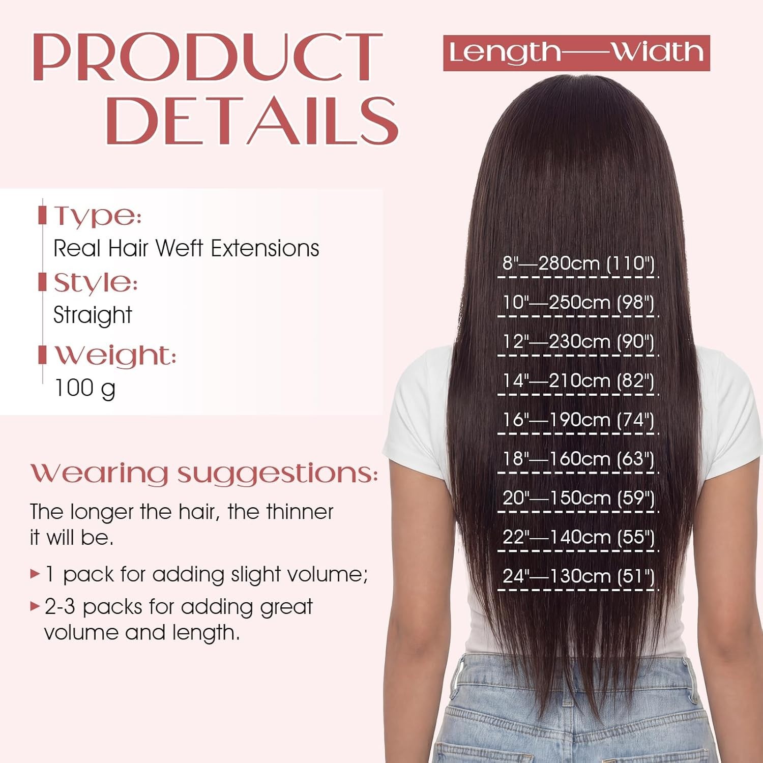 Sew in Double Weft Human Hair Straight Extensions 9 Inch 100g #2R-Dark Brown