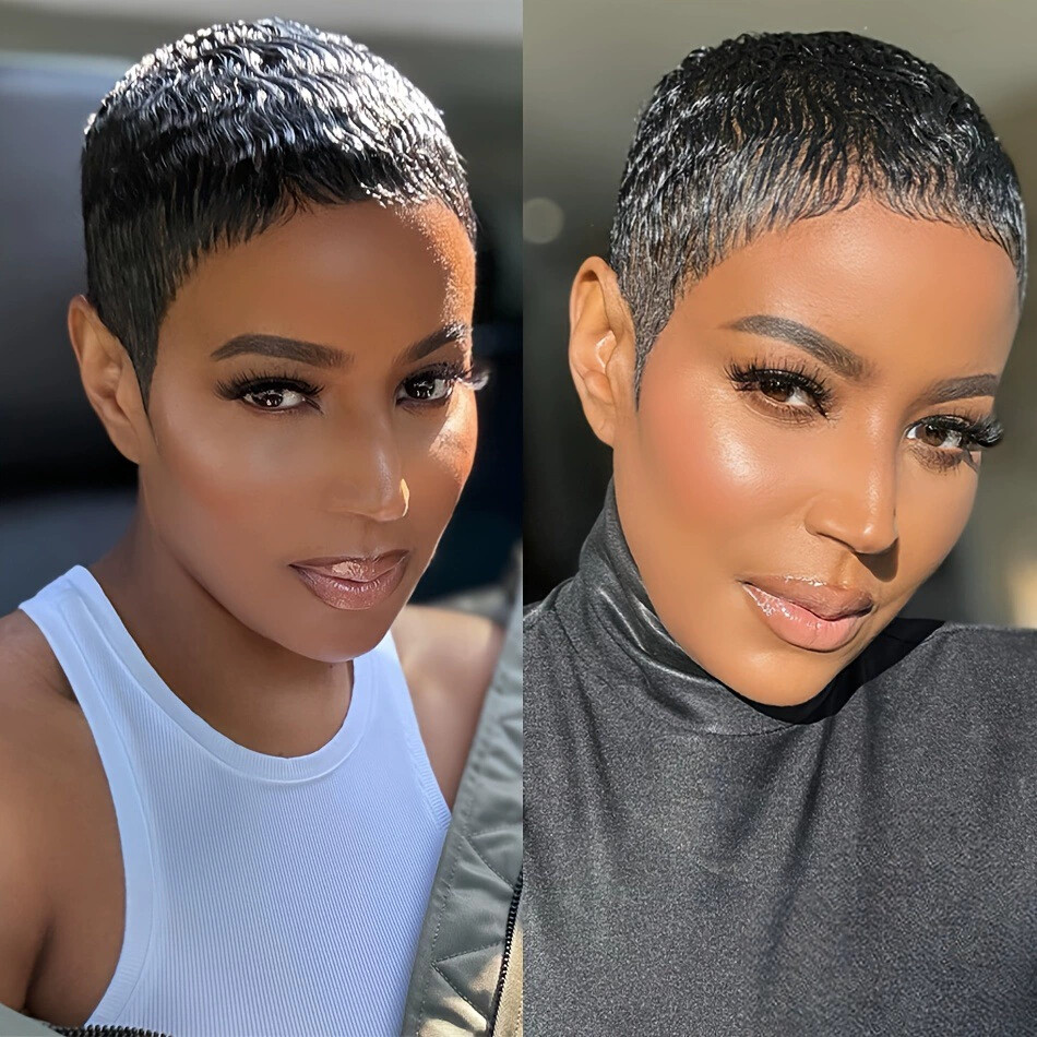 100% Black Human Hair Pixie Cut Wig for Women Human Hair None Lace