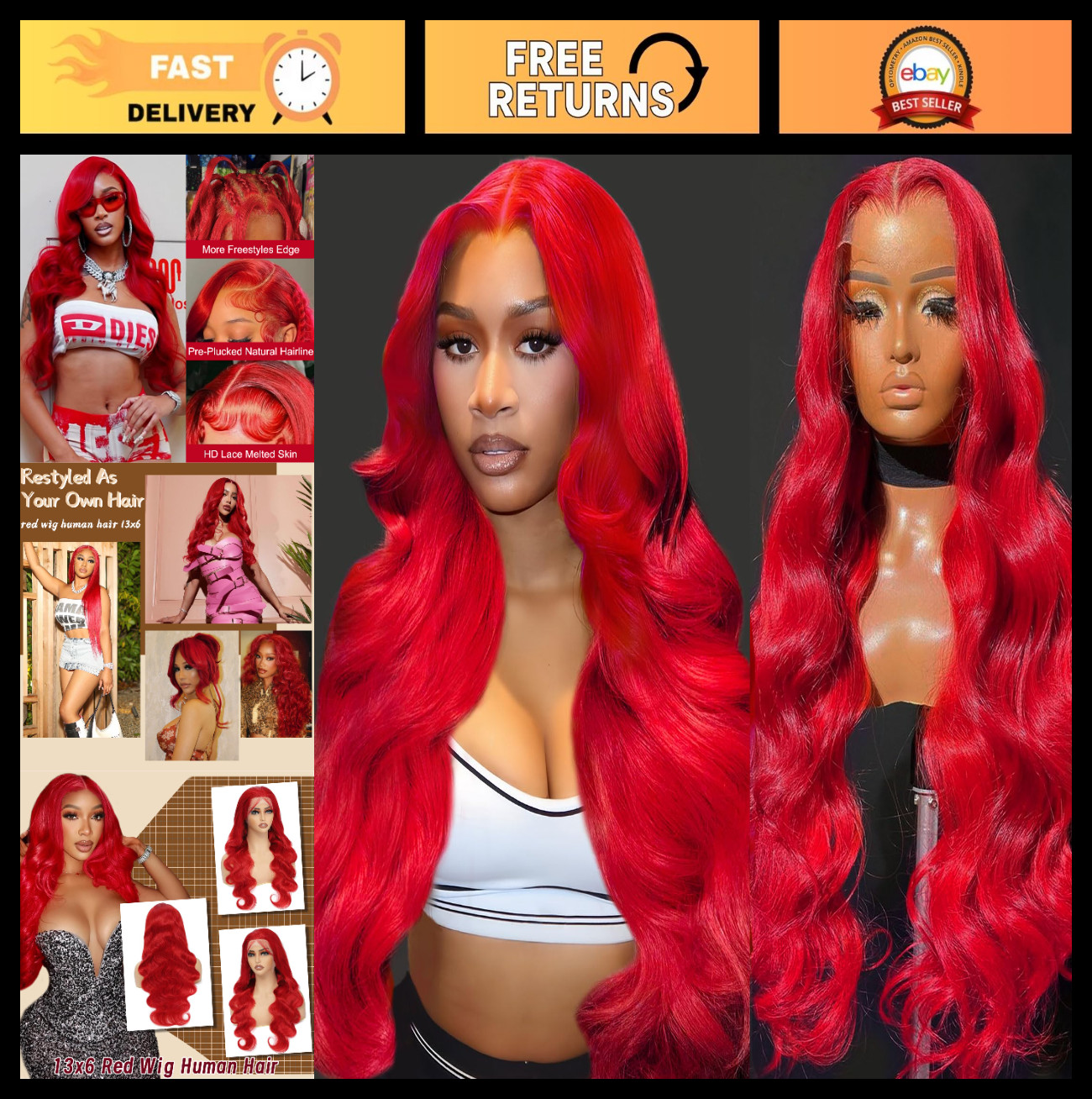 30″ 13×6 Body Wave Red Human Hair Wig – HD Lace Front, Pre-Plucked, 200 Density
