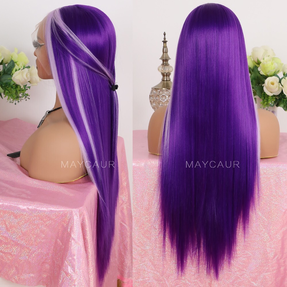 Blond Highlights Lace Front Wig Purple Skunk Stripe Wigs Long Straight Hair Soft