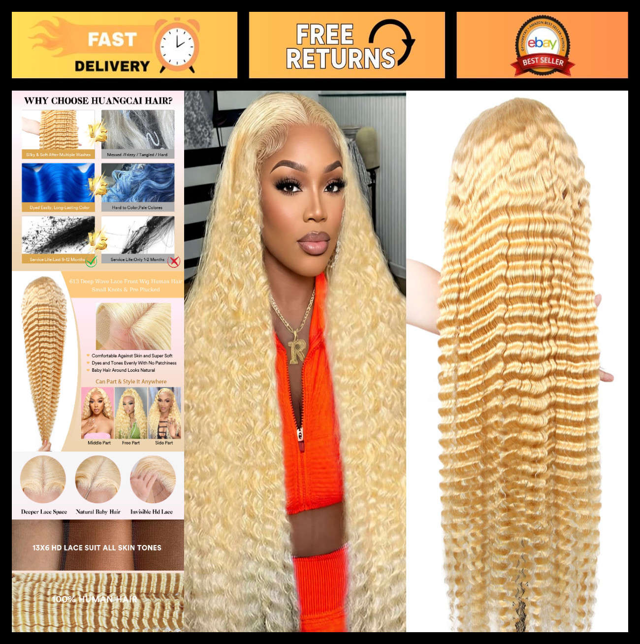 32″ Blonde Deep Wave Lace Front Wig – 200% Density Human Hair, HD Transparent La