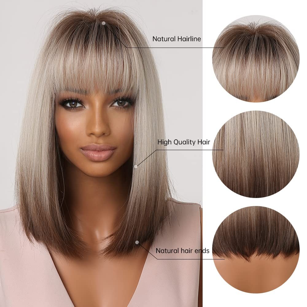 12″ Brown Grey Highlight Straight Wig for Women Daily Wear 78E666554