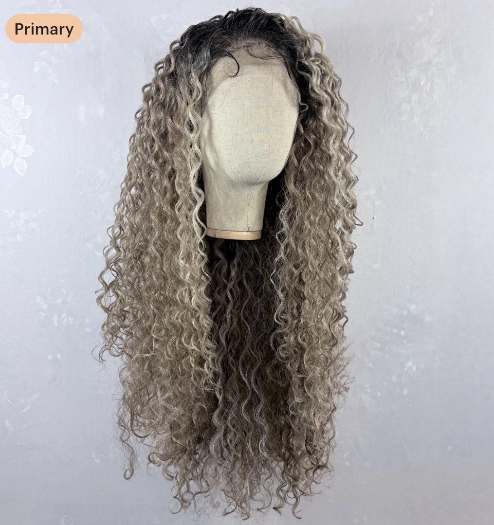 Daily WIG! Long big curly DR Mixed Ash Blonde shades HUMAN Hair Blend Lace Front