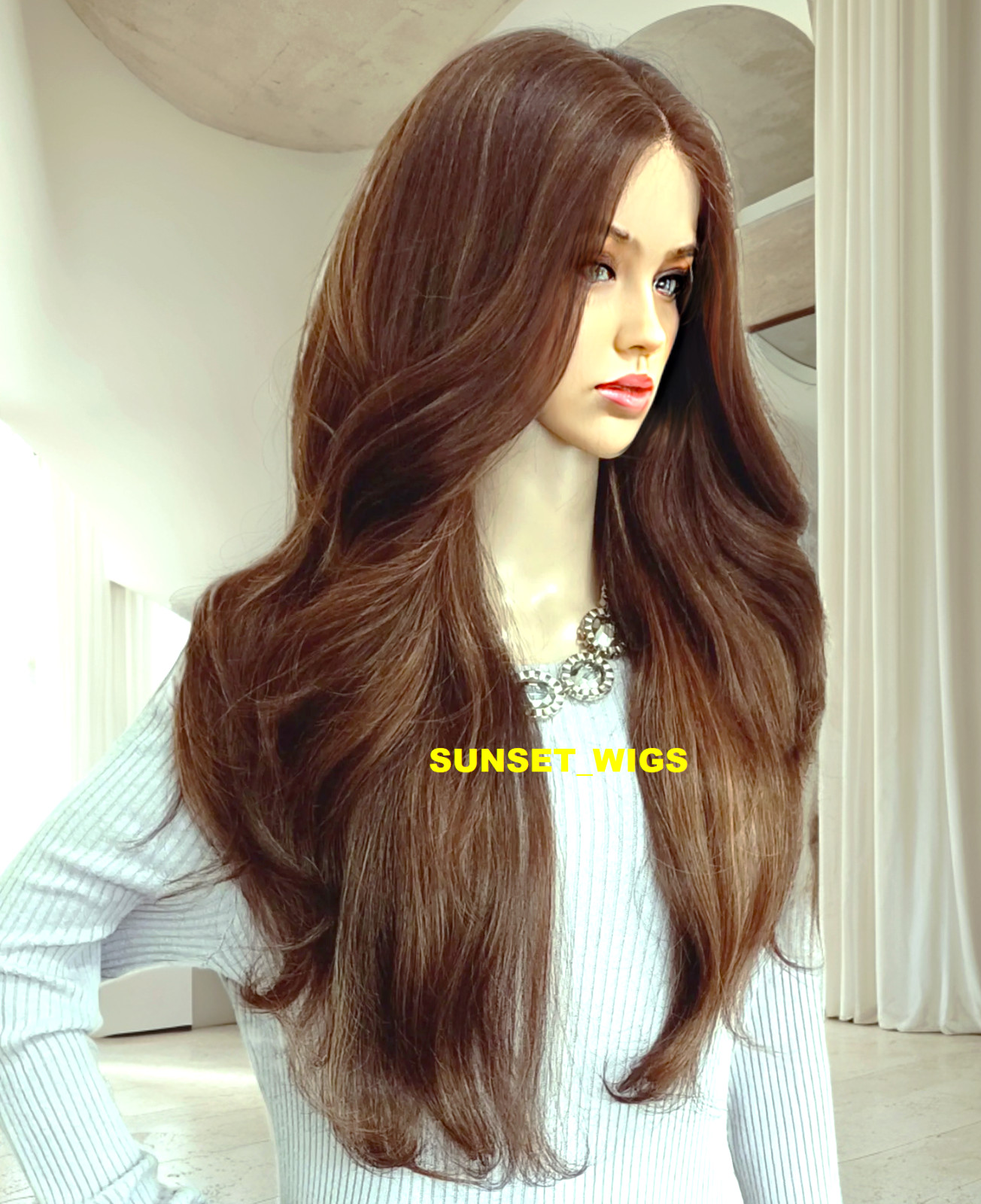 34″ LACE FRONT WIG LONG WAVY LAYERED BROWN AUBURN MIX HEAT OK