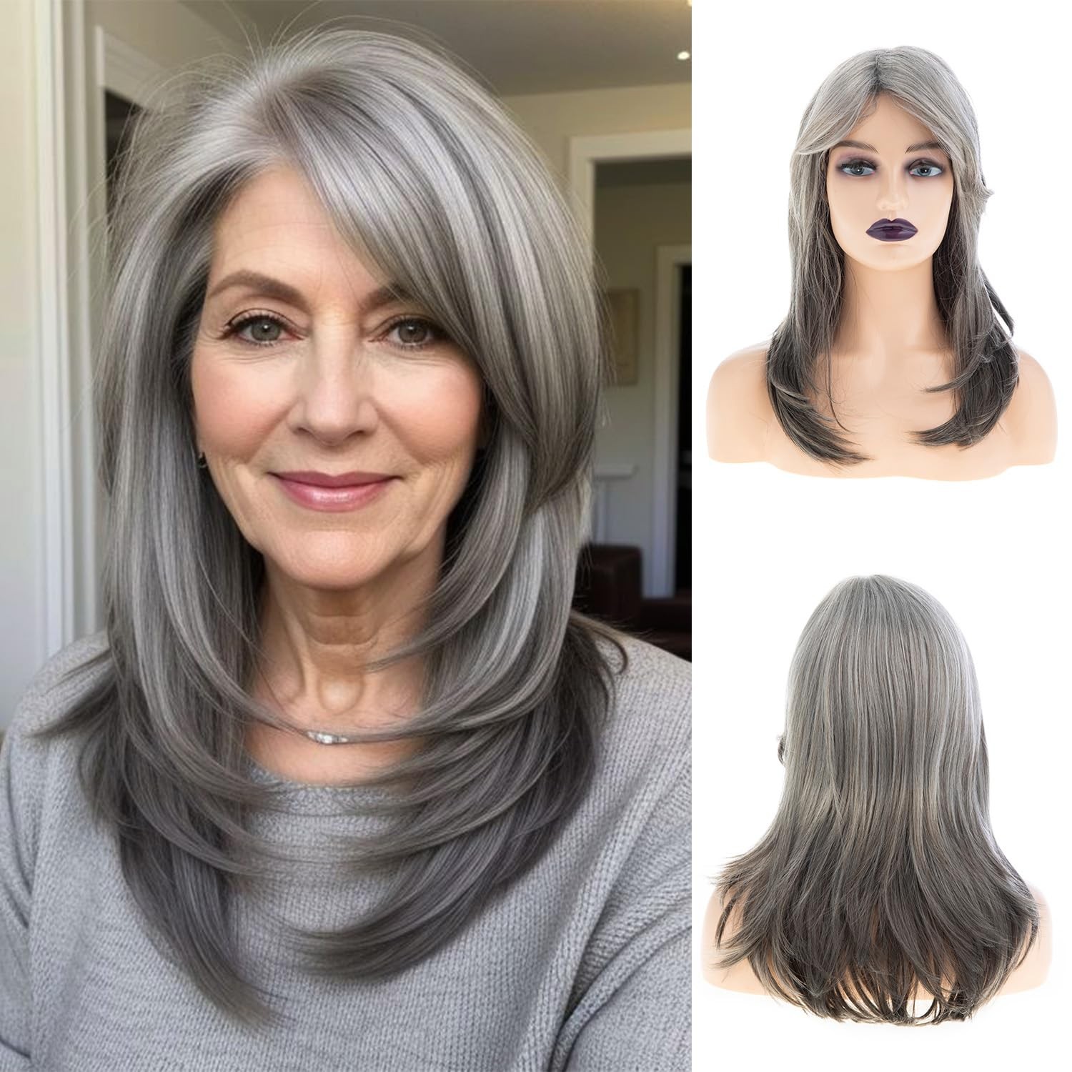 Womens Long Straight Grey Layered Synthetic Hair Wigs with Bangs