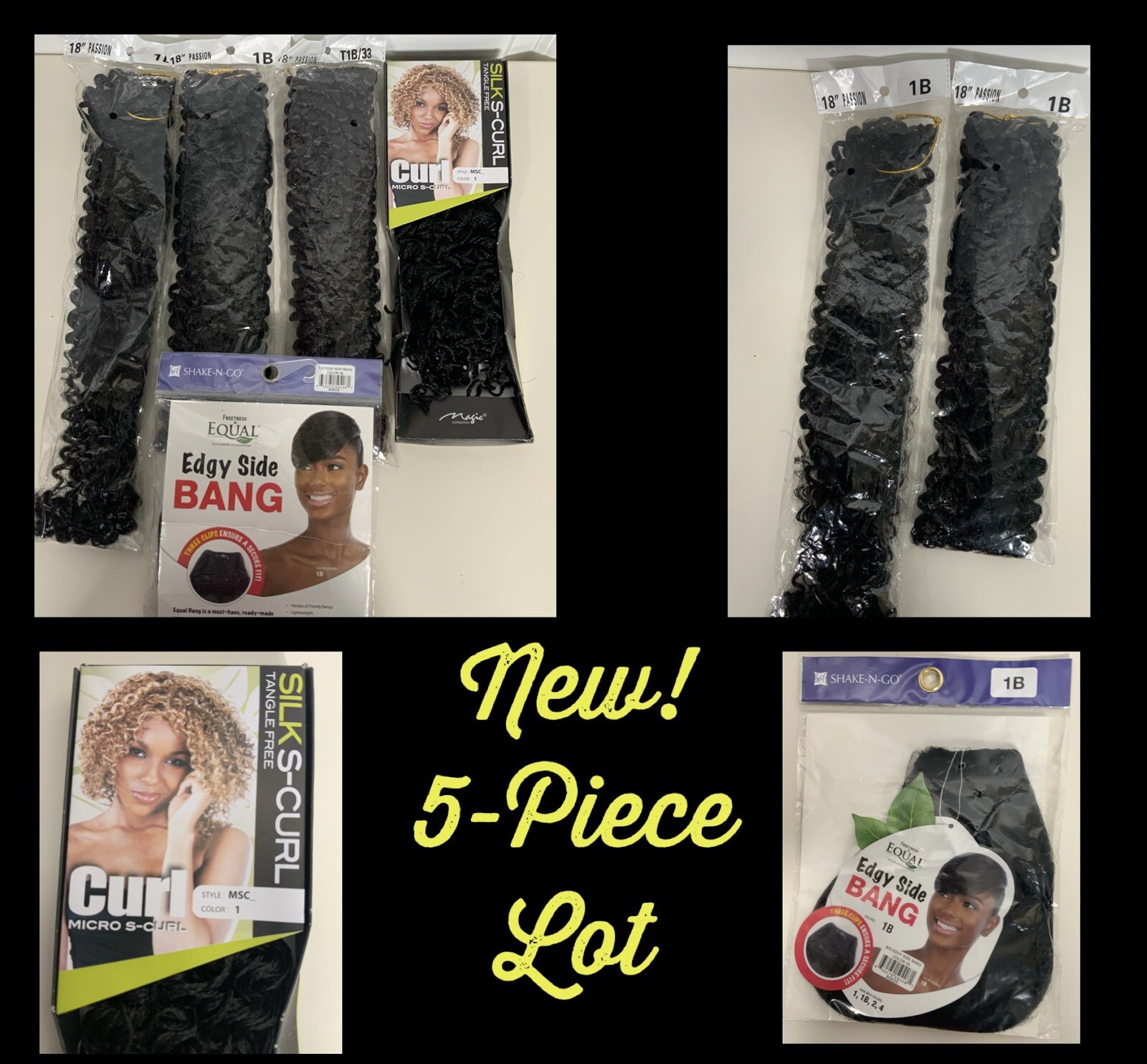 New! 5 Piece Lot Hair Extensions 18” Side Bang, Silk Micro S Curl Black A-12 NEW