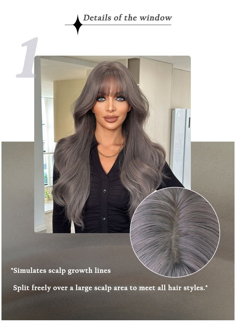Grayish-purple long wavy hair with fringe-style bangs artificial hair natural
