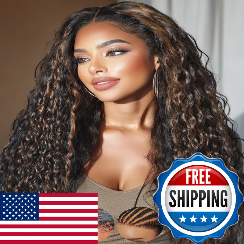 Klaiyi Golden Brown Water Wave Bye Bye Knots Glueless Wig Human Hair Highlight