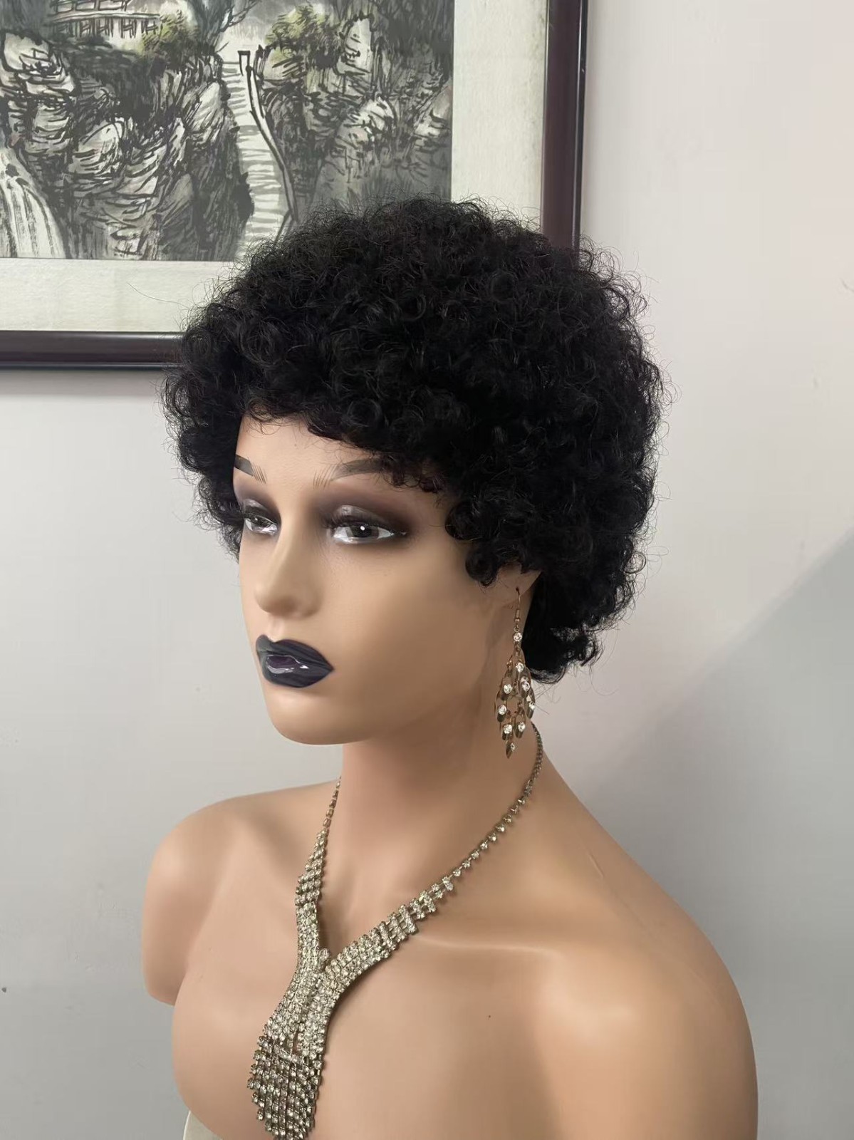 Afro Kinky Curly Human Hair Wig Short Bob Wig 6 Inch 1B Black Machine Made Women