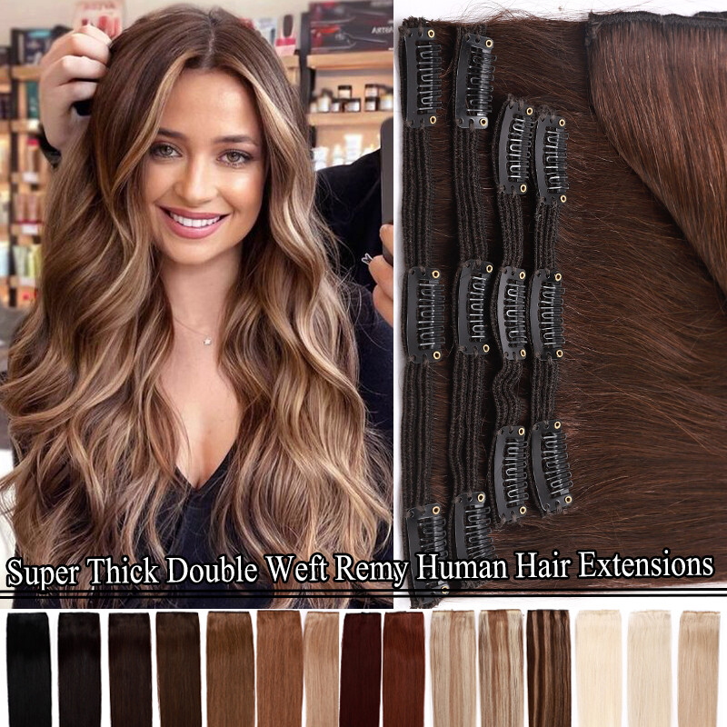 THICK Double Weft Real Remy Clip In Human Hair Extensions Russian 8-24 Full Head