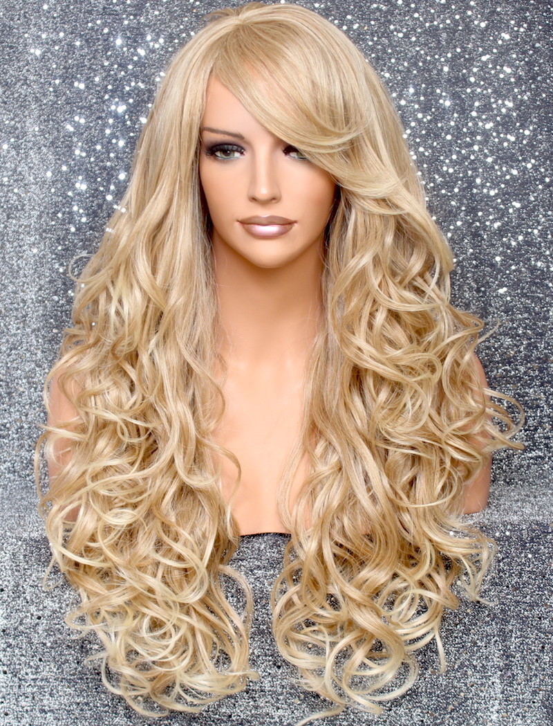 Long Human hair blend Full Wig Heat OK Curly Blonde Mix 27-613 NWT WBT