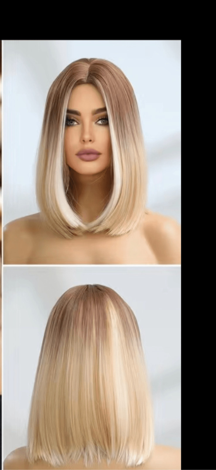 Blonde and beige highlighted 16 inch Shoulder length straight bob with middle pa