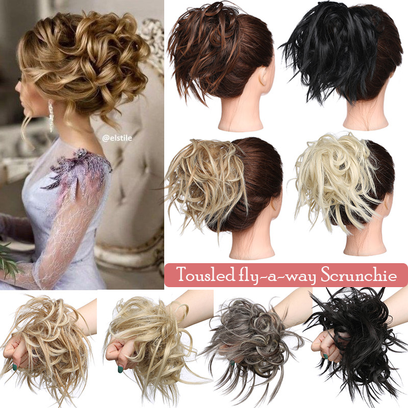 Tousled Updo Messy Ponytail Bun Elastic Band Wrap On Hair Piece Straight Wavy US