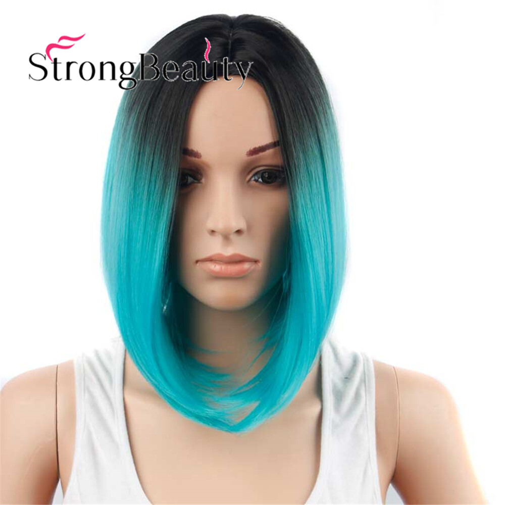 Synthetic Ombre Green Bob Wig Dark Roots Short Straight Hair Wigs for Women