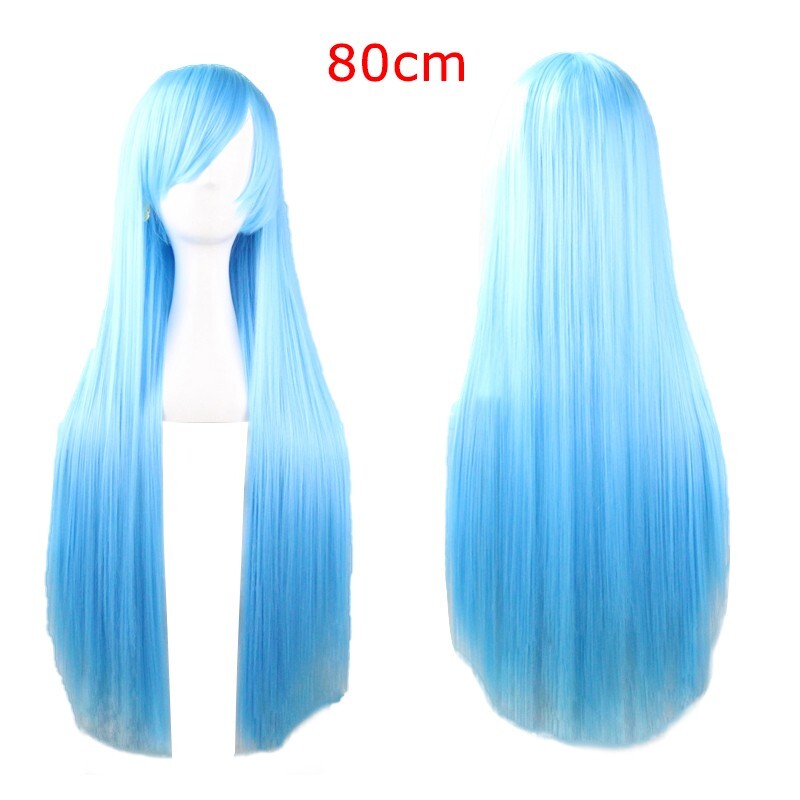 80cm Blue Long Straight Hair，Side Bangs Full Hair Wigs，Cosplay Party Anime Wigs
