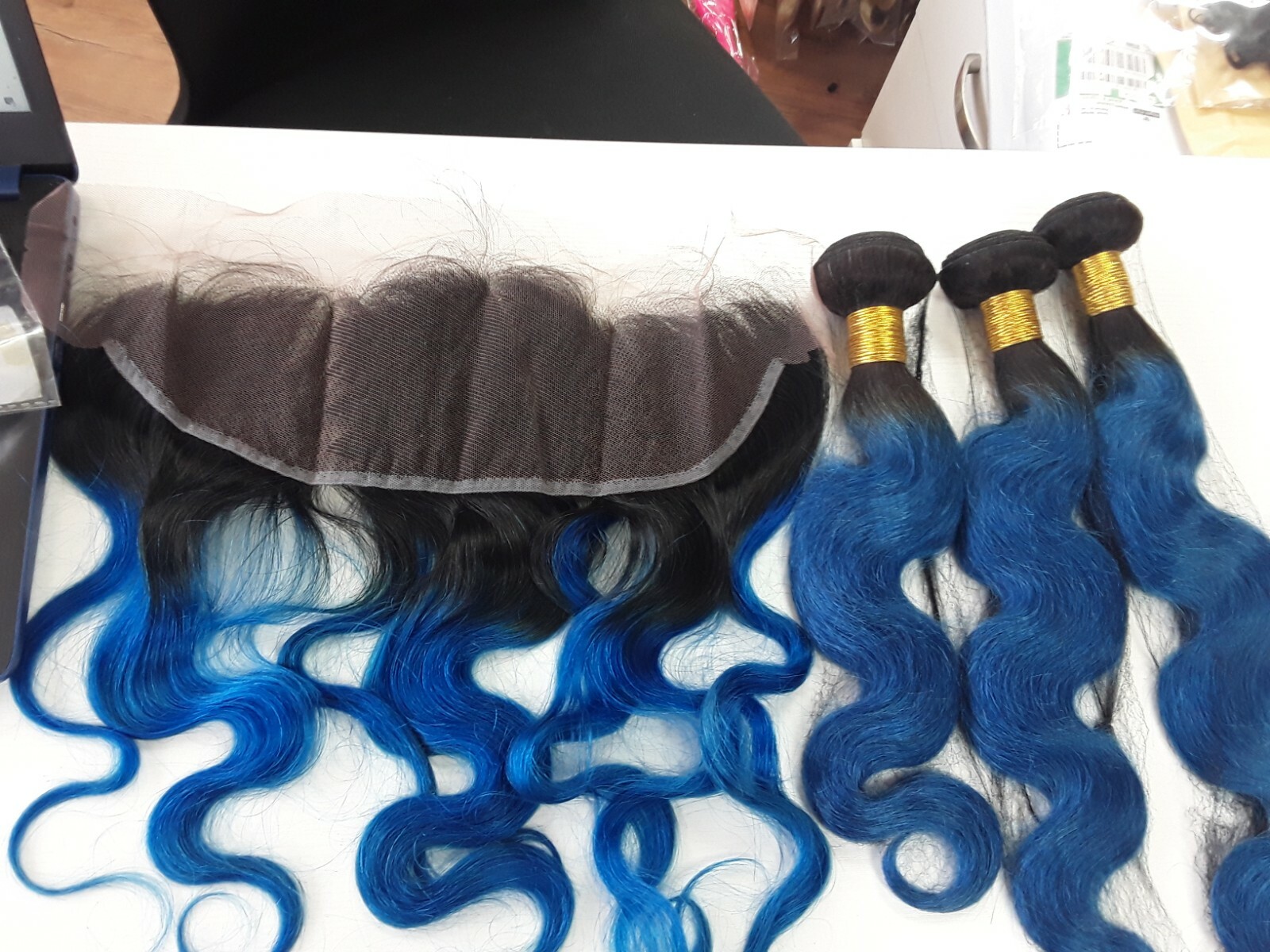 1B#/BLUE OMBRE BRAZILIAN VIRGIN HUMAN HAIR BODY WAVE BUNDLES 16+18+20&16 FRONTAL