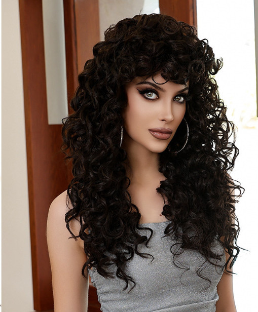 Long Curly Wavy Brown Color Synthetic Hair Wigs With Bangs Women Soft Natural