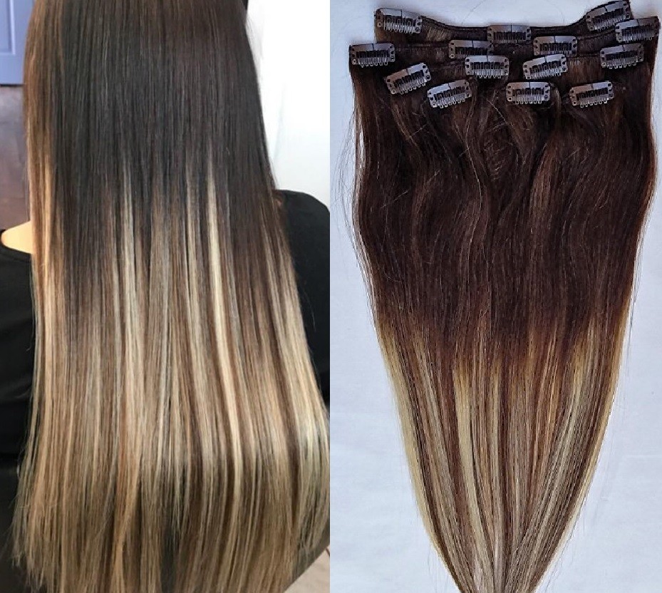 18″,20″,22″,24 100% Ombre BALAYAGE Clip in Human Hair Extensions 7Pcs #T2-6/613