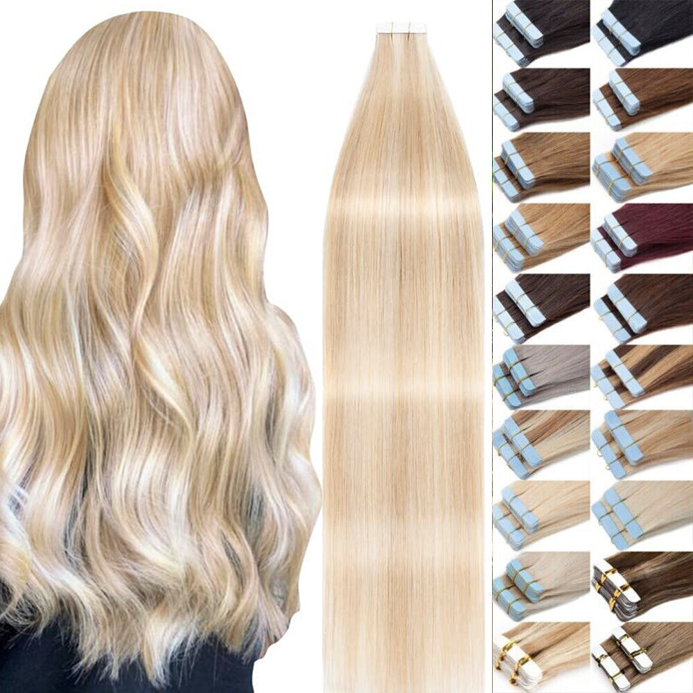 100%Human Hair Extensions Tape-in Skin Weft Remy Hair Full Head Highlight Blonde