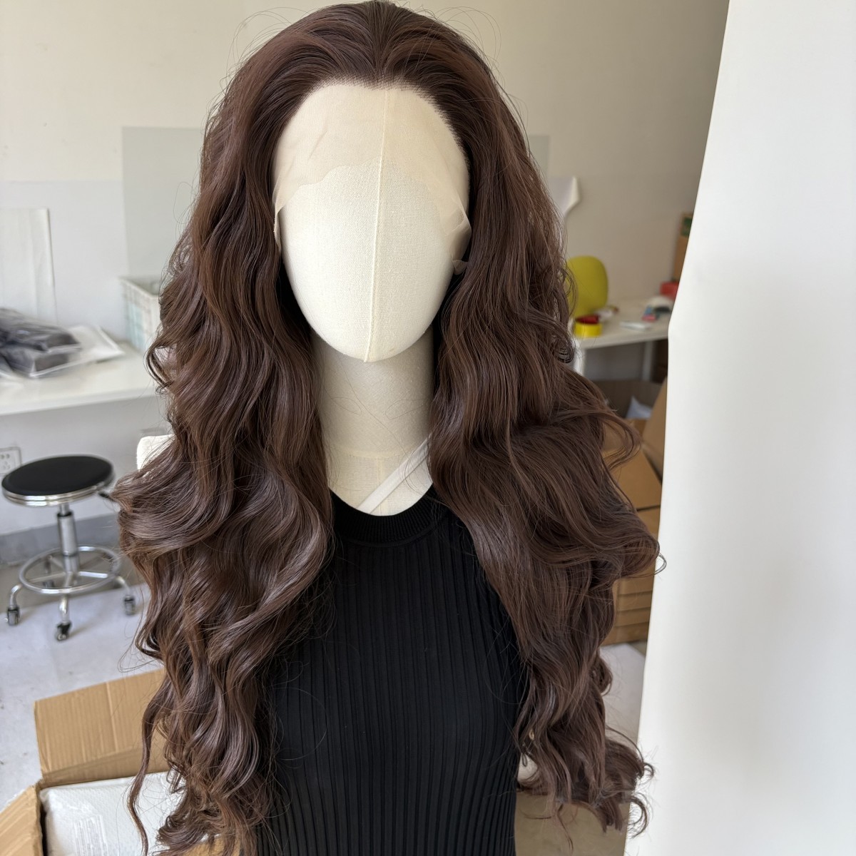 Long Wavy Lace Frontal Wig Choc Brown Heat Resistant Synthetic Hair Pre Plucked